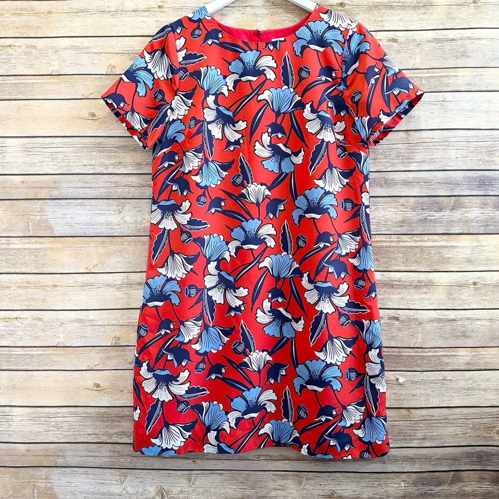 J. Crew Dress Women’s Size 6 Red Blue Floral Printed Short Sleeve Gallery Shift